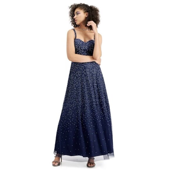 Trixxi Dress Womens 3 Navy Blue Glitter Dot Formal Gown Fit Flare Tulle MSRP 149 - Picture 1 of 16